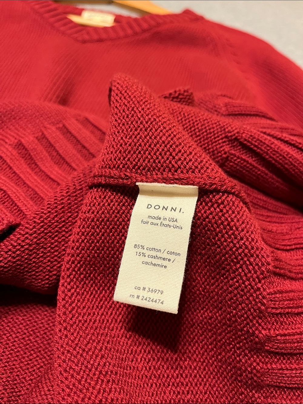 DONNI. Cotton Cashmere V-Neck Sweater in Rouge - Picture 10 of 10